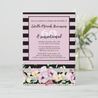 Classy Black Blush Pink gestreift florale Geburtst Einladung