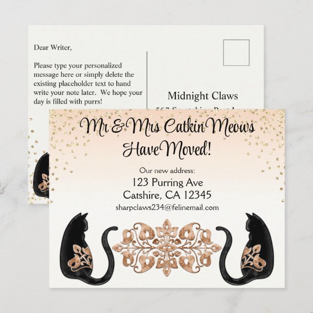 Classy Black Cat, Wir haben uns bewegt, neue Adres Postkarte (Vorne/Hinten)