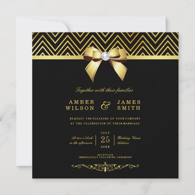 Classy Black Gold Chevrons Diamond Bow Wedding Einladung (Vorderseite)