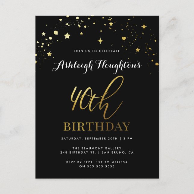 Classy Black & Gold Confetti 40. Geburtstag Einladungspostkarte (Vorderseite)