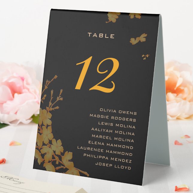 Classy Black Gold Floral Guest Names Tischnummer Tischaufsteller (In Situ (Hochzeit))
