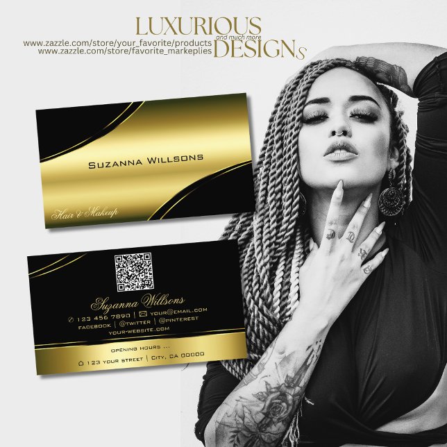Classy Black Gold geschwungene Dekorlinien mit QR- Visitenkarte (Von Creator hochgeladen)