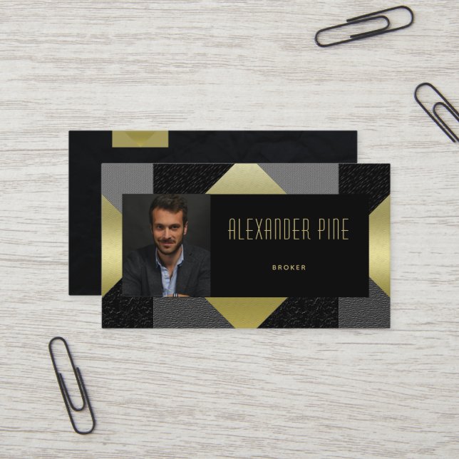 Classy Black Gold Gray Geometric Real Anwesen Foto Visitenkarte (Vorderseite/Rückseite Beispiel)