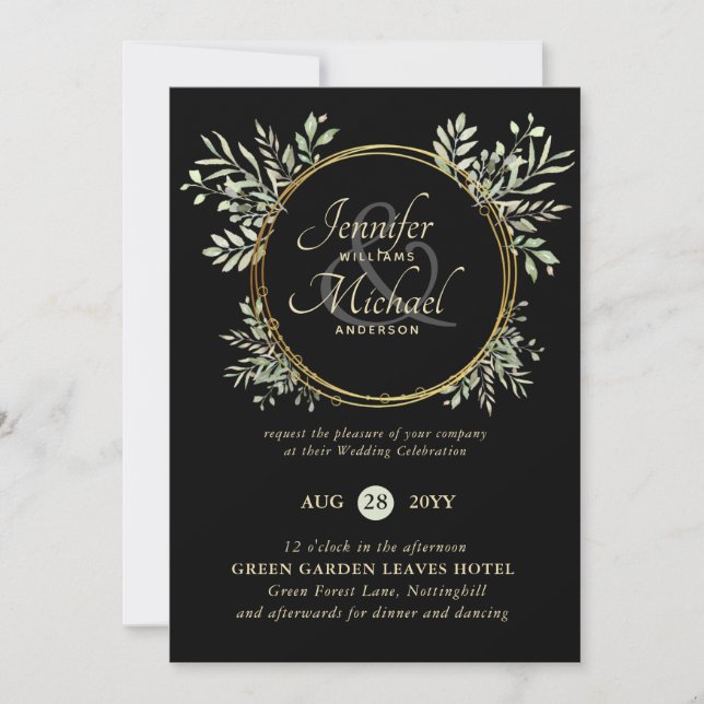 Classy Black Gold Green Wreath Wedding Invitation (Devant)