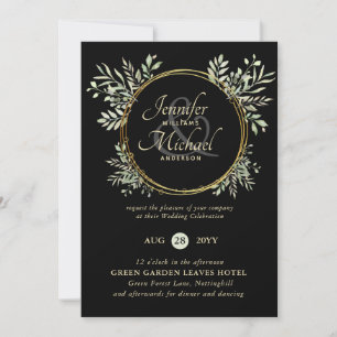 Classy Black Gold Green Wreath Wedding Invitation