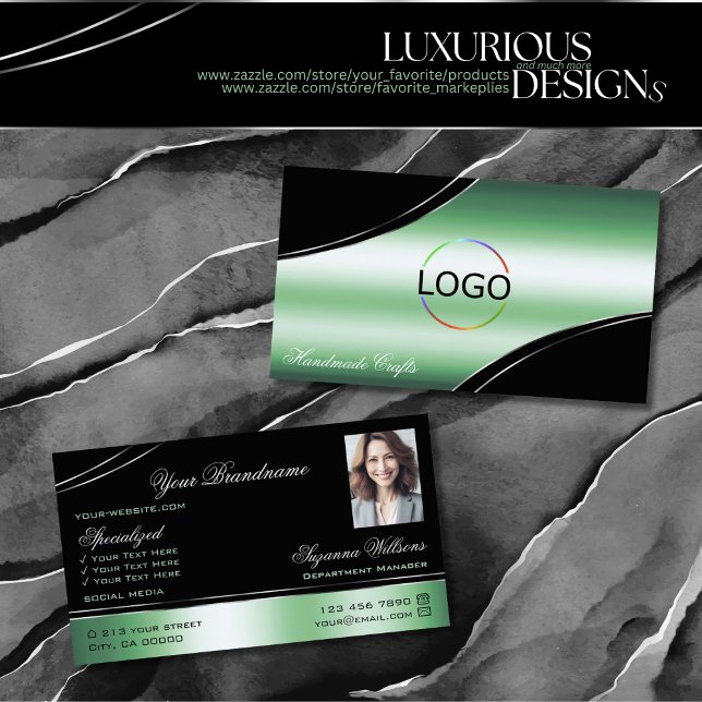 Classy Black Green Curved Deco Lines Logo Foto Visitenkarte (Von Creator hochgeladen)