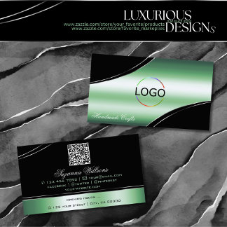 Classy Black Green Curved Deco Lines Logo QR Code Visitenkarte