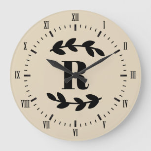 Classy Black Laurels Monogram Große Wanduhr