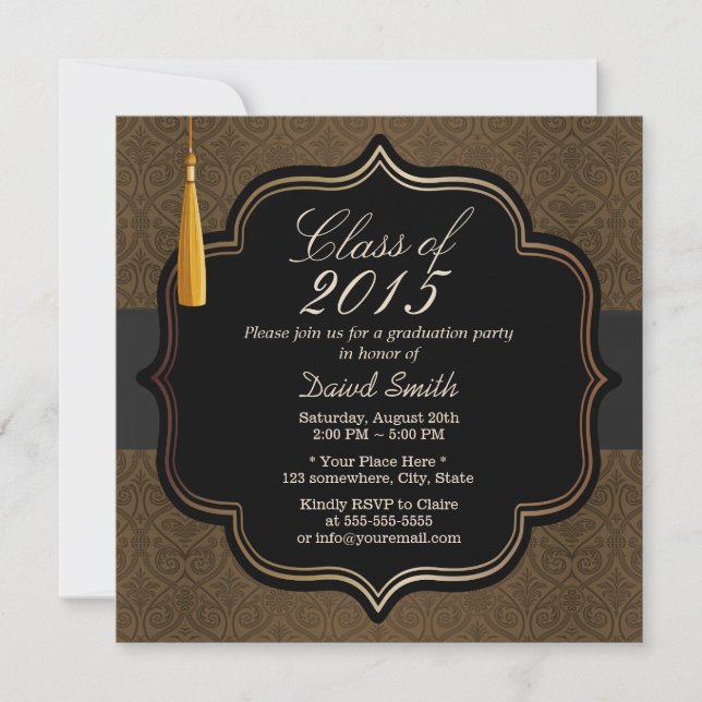 Classy Black Ribbon Brown Damask Graduation Party Einladung (Vorderseite)