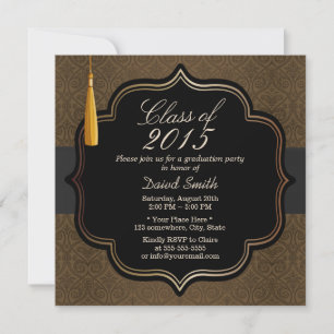 Classy Black Ribbon Brown Damask Graduation Party Einladung