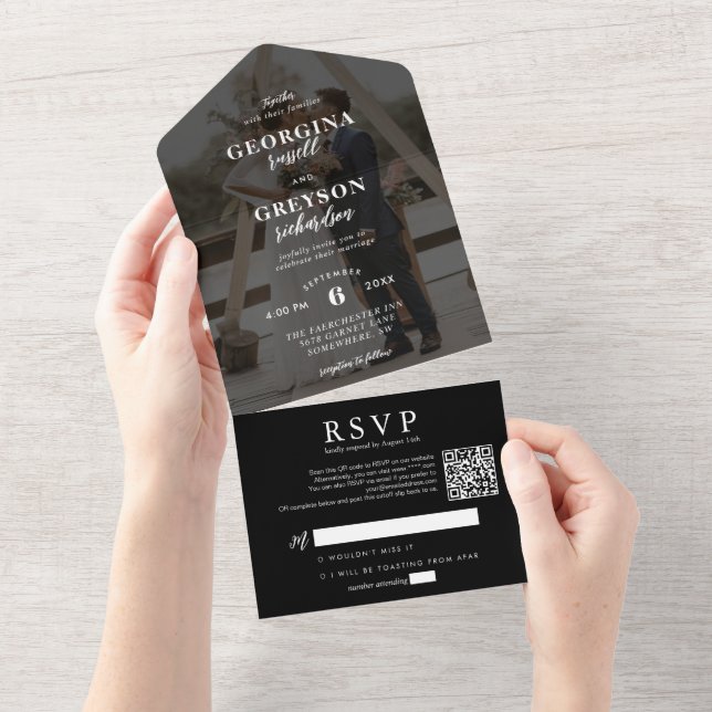 Classy Black UAWG QR Code Hochzeit All In One Einladung (Abreißen)
