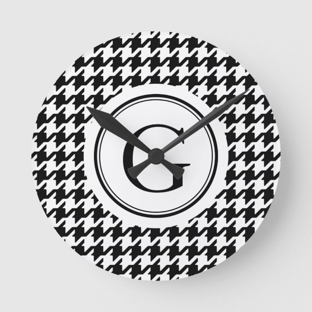 Classy black white houndstooth pattern monogram runde wanduhr (Vorderseite)