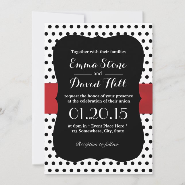 Classy Black & White Polka Dot Wedding Einladung (Vorderseite)
