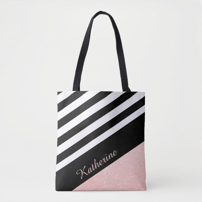 Classy Black & White Strip Rose Gold Glitzer Tasche (Vorderseite)