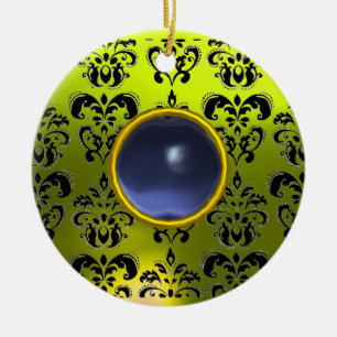 CLASSY BLACK YELLOW DAMASK GEM STONE KERAMIK ORNAMENT