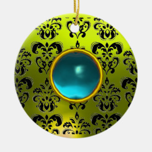 CLASSY BLACK YELLOW DAMASK GEM STONE KERAMIKORNAMENT