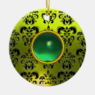 CLASSY BLACK YELLOW DAMASK GEM STONE KERAMIKORNAMENT