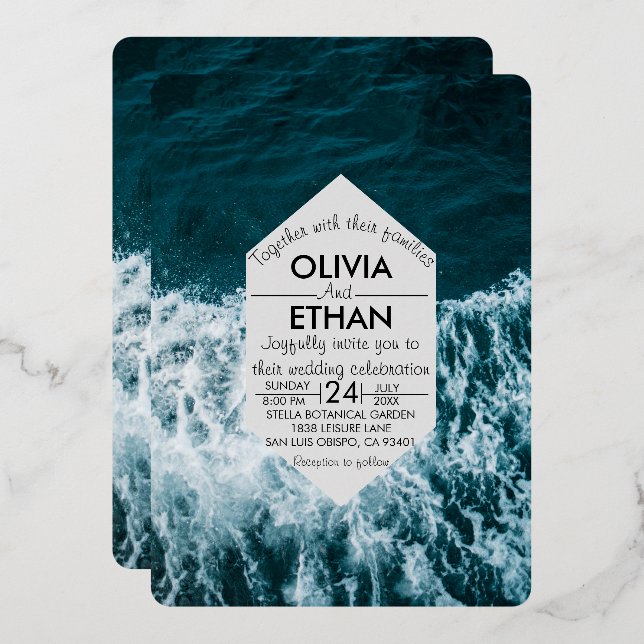 Classy bleu marine Mariage Foil Invitation (Recto/Verso)