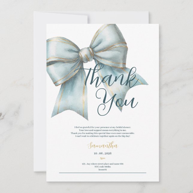 classy blue bow bridal shower thank you card einladung (Vorderseite)