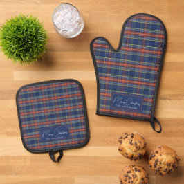 Classy Blue Burnt Orange Scottish Tartan Christmas Ofenhandschuh & Topflappen-Set