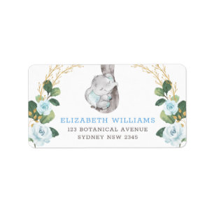 Classy Blue & Gold Elephant Baby Blumengrün Adressaufkleber