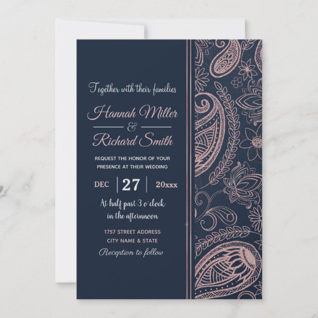 Classy Blue Rose Gold Glitzer Paisley Floral Einladung (Vorderseite)