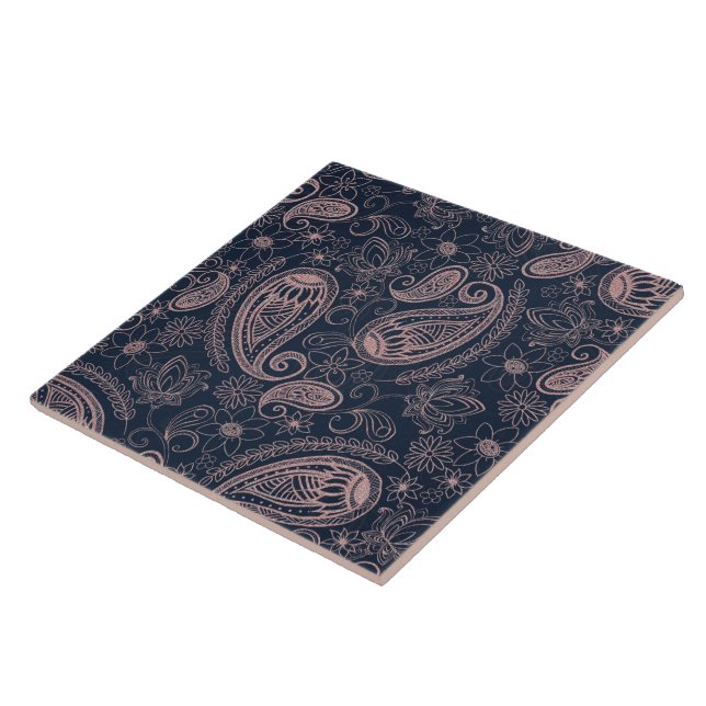 Classy Blue Rose Gold Glitzer Paisley Floral Fliese (Seite)