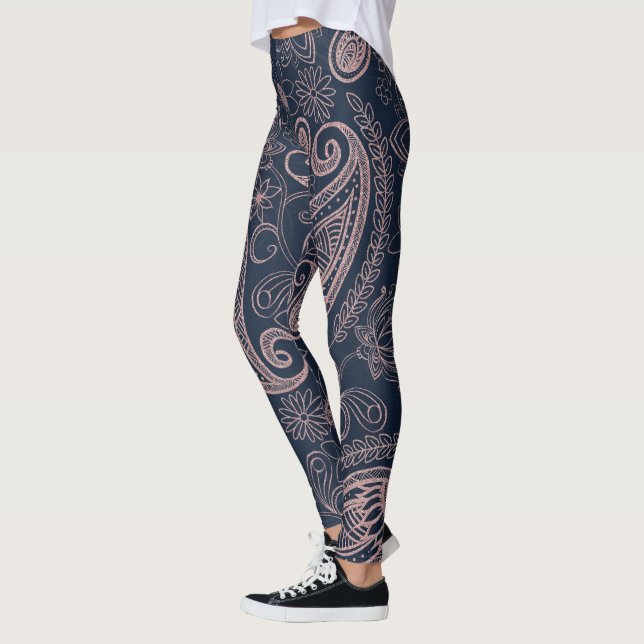 Classy Blue Rose Gold Glitzer Paisley Floral Leggings (Links)