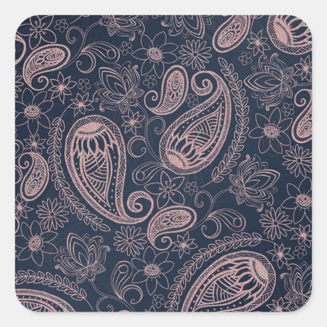 Classy Blue Rose Gold Glitzer Paisley Floral Quadratischer Aufkleber (Vorderseite)