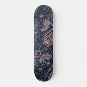Classy Blue Rose Gold Glitzer Paisley Floral Skateboard