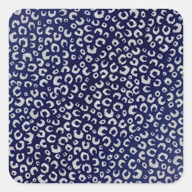 Classy Blue Silver Glitzer Leopard Animal Print Quadratischer Aufkleber (Vorderseite)