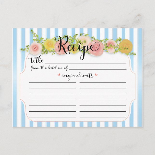 Classy Blue Stripes mit Rose Rezept Card Postkarte (Vorderseite)