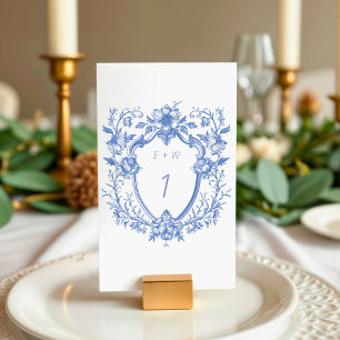 Classy Blue Wappen Monogram Wedding Tischnummer