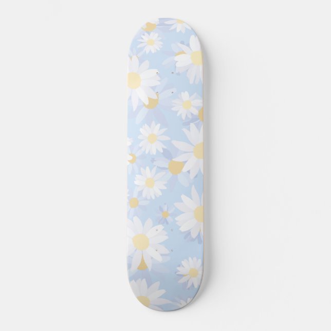 Classy Blue White Daisy Flowers Skateboard (Vorderseite)