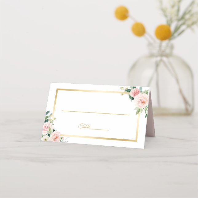 Classy Blushing Pink Floral Gold Rahmen Hochzeit Platzkarte (Vorderseite)
