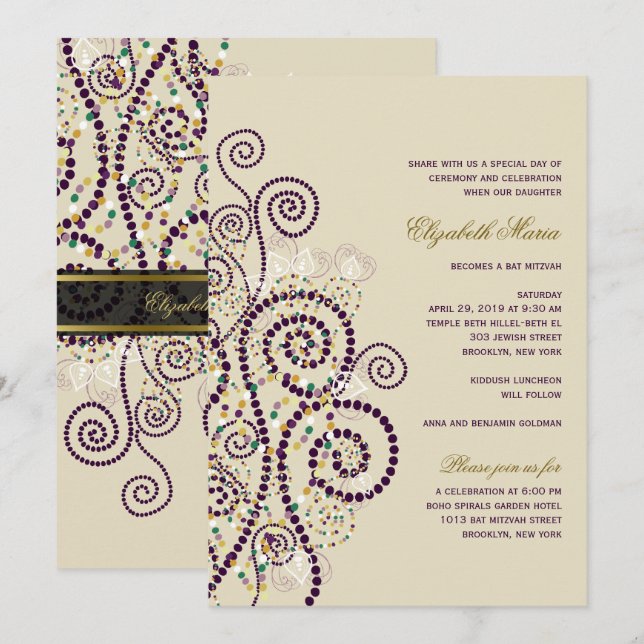 Classy Boho Lila Spirituosen Bat / Bar Mitvah Einl Einladung (Vorne/Hinten)