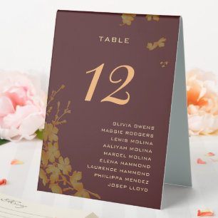 Classy Burgun Gold Floral Guest Names Tischnummer Tischaufsteller