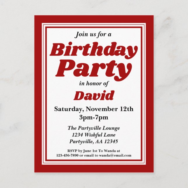 Classy Burgundy Adult Birthday Party Einladungspostkarte (Vorderseite)