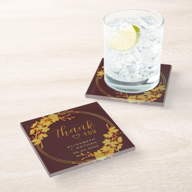 Classy Burgundy Gold Floral Wedding Vielen Dank Glasuntersetzer (Schrägansicht)