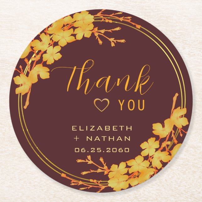 Classy Burgundy Gold Floral Wedding Vielen Dank Runder Pappuntersetzer (Vorderseite)