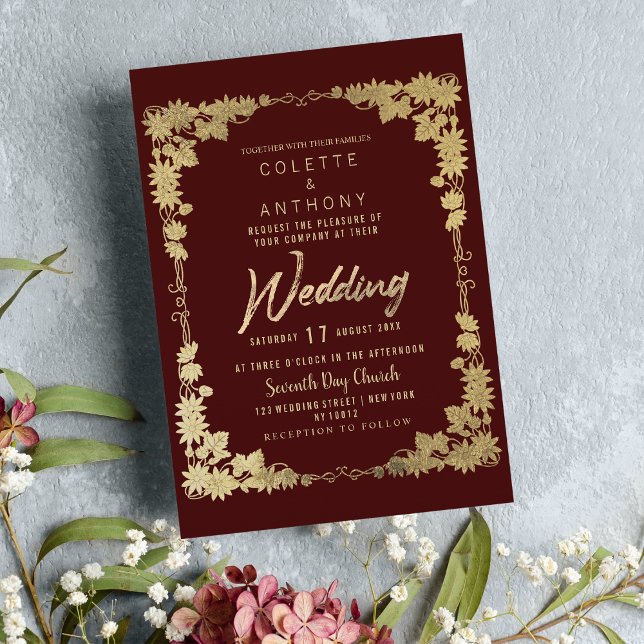 Classy burgundy Golden Blumenrahmen Grenze Hochzei Einladung (Classy burgundy gold floral frame border Wedding )