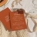 Classy Burnt Orange Old Money Chic Wedding Details Begleitkarte<br><div class="desc">Simple and stylish retro wedding guest info details. With burnt orange background and white text layout with whimsical old money classy wordings. All the info are customizable as website,  transportation,  accommodation . Grab it along with other products from this classy hand made retro wedding suite.</div>
