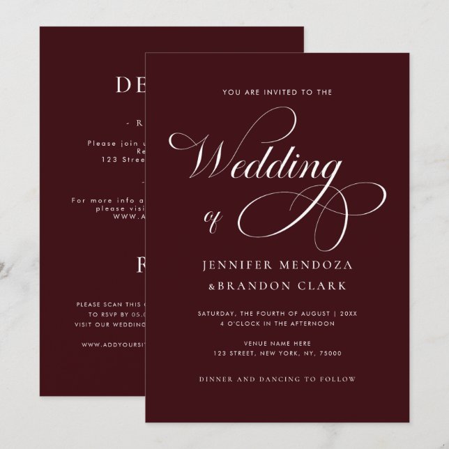 Classy Calligraphy Burgundy All in One Wedding Einladung (Vorne/Hinten)