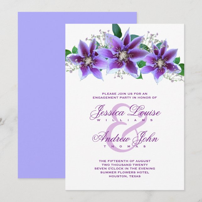 Classy Chic Clematis Engagement-Partei Einladung (Vorne/Hinten)