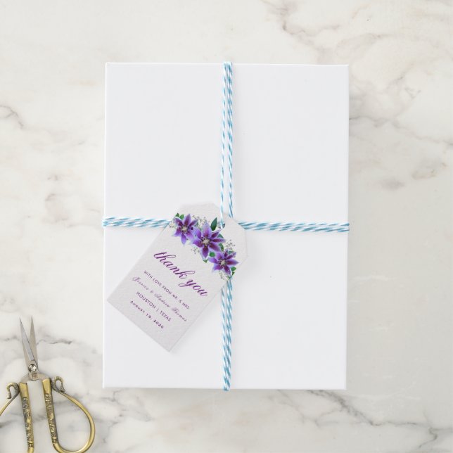 Classy Chic Clematis Wedding Vielen Dank Geschenkanhänger (Mit Garn)