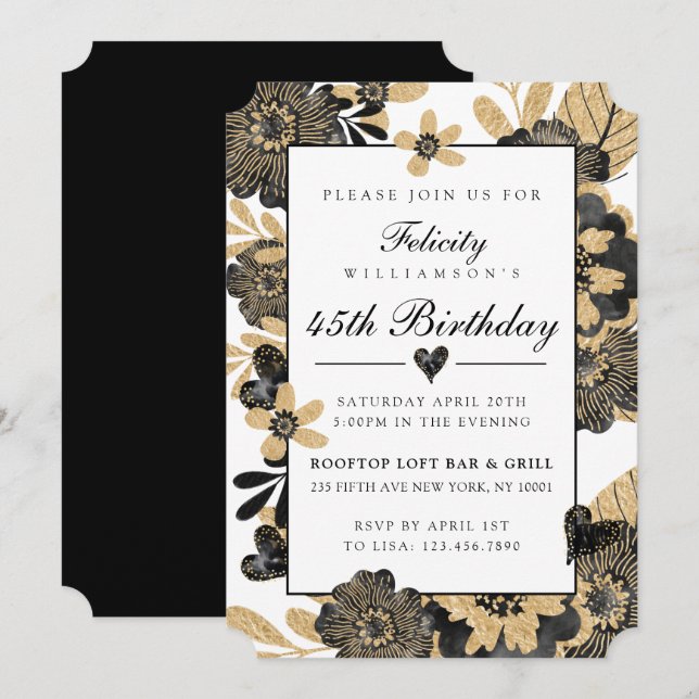 Classy Chic Floral Noir Invitation Anniversaire (Devant / Derrière)