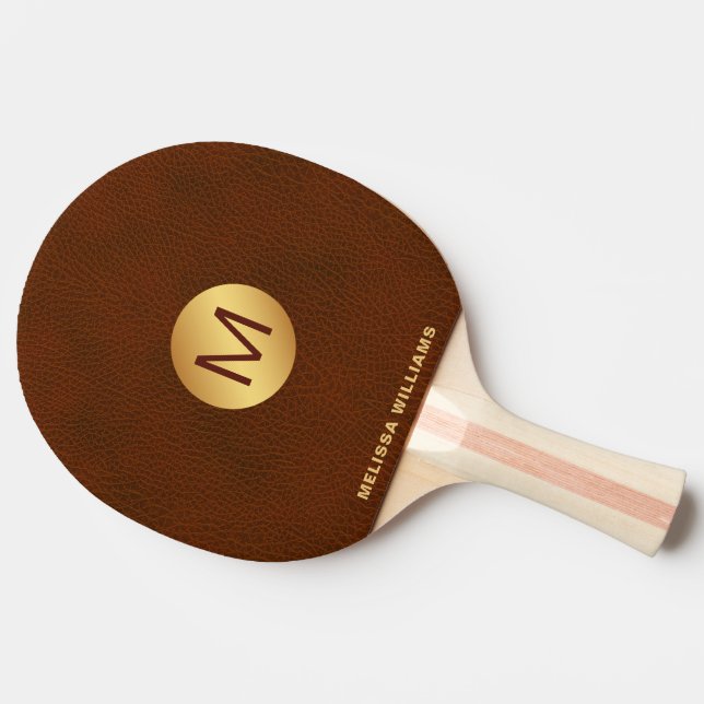 Classy Chic Imitats Brown Leather & Gold Erstname Tischtennis Schläger (Seitenansicht)