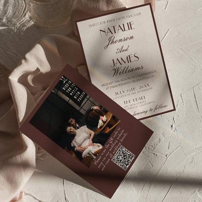 Classy Chocolate Brown Fancy Photo QR Code Wedding Einladung (Von Creator hochgeladen)