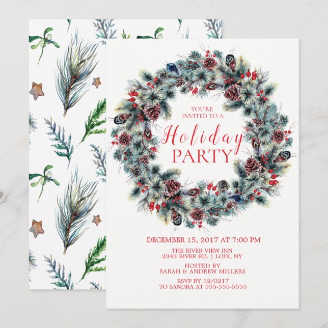 Classy Christmas Wreath Fête Invitation (Devant / Derrière)