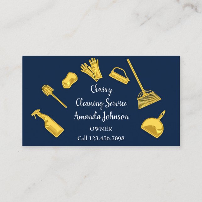 Classy Cleaning Services Gold Logo Maid Navy Blue Visitenkarte (Vorderseite)